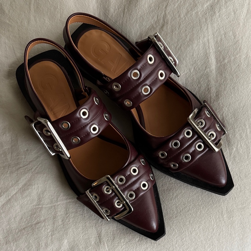 GANNI Burgundy Buckle Ballerina Flats